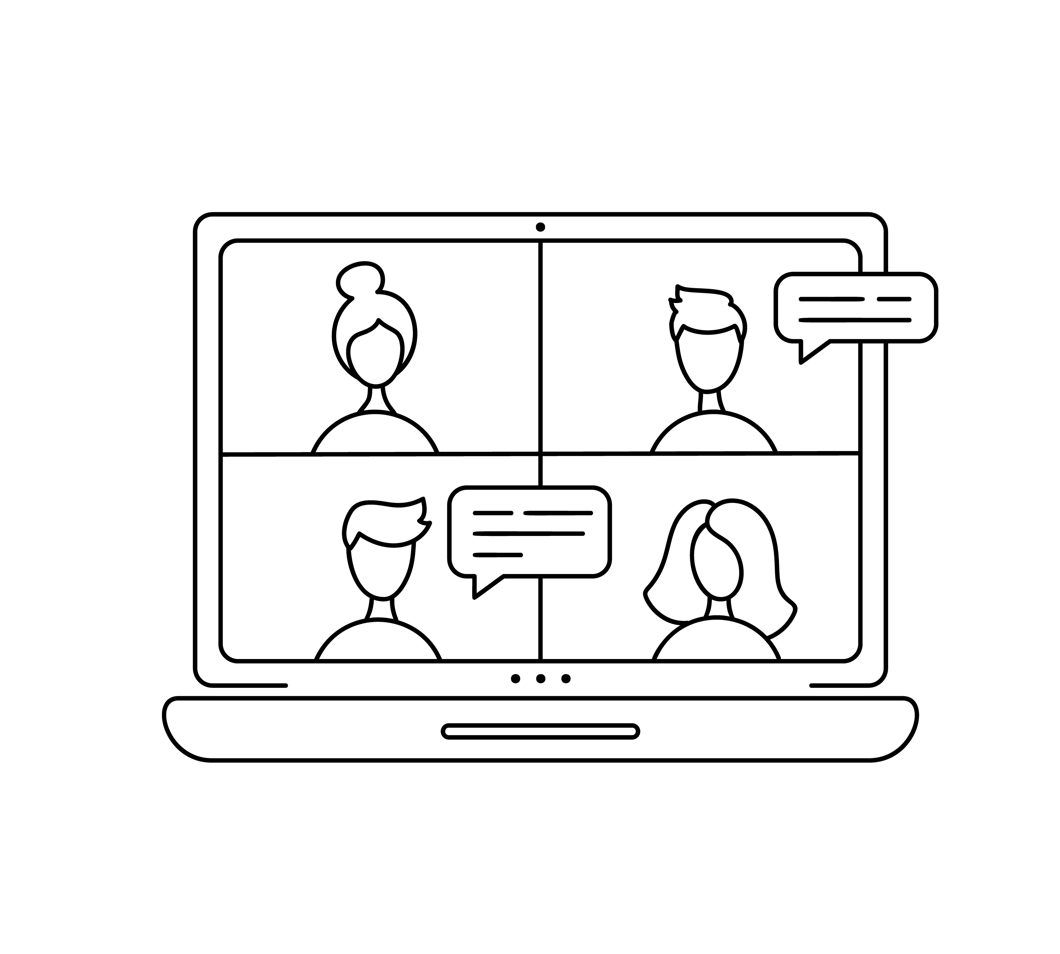 Vector icon monoline online meeting via group call. Four people in video chat. Coleagues in video conference at office or home. concept freelance, remote work, teleworking, Conference call, quarantine.